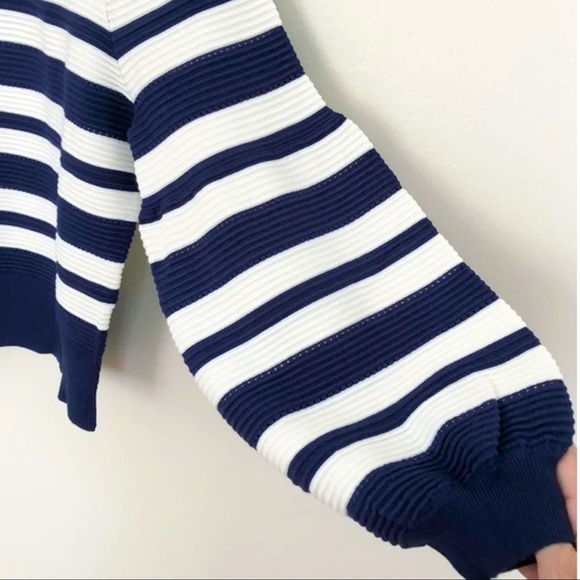 NEW INC Striped Navy Blue Balloon Sleeve Jewel Neck Sweater Rib Knit - Picture 5 of 6